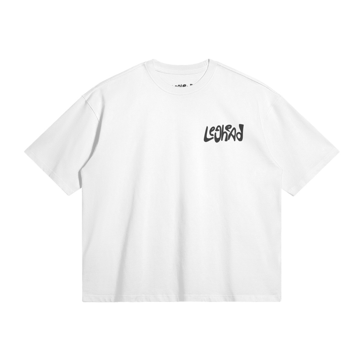White tee with leghead chest logo, front view