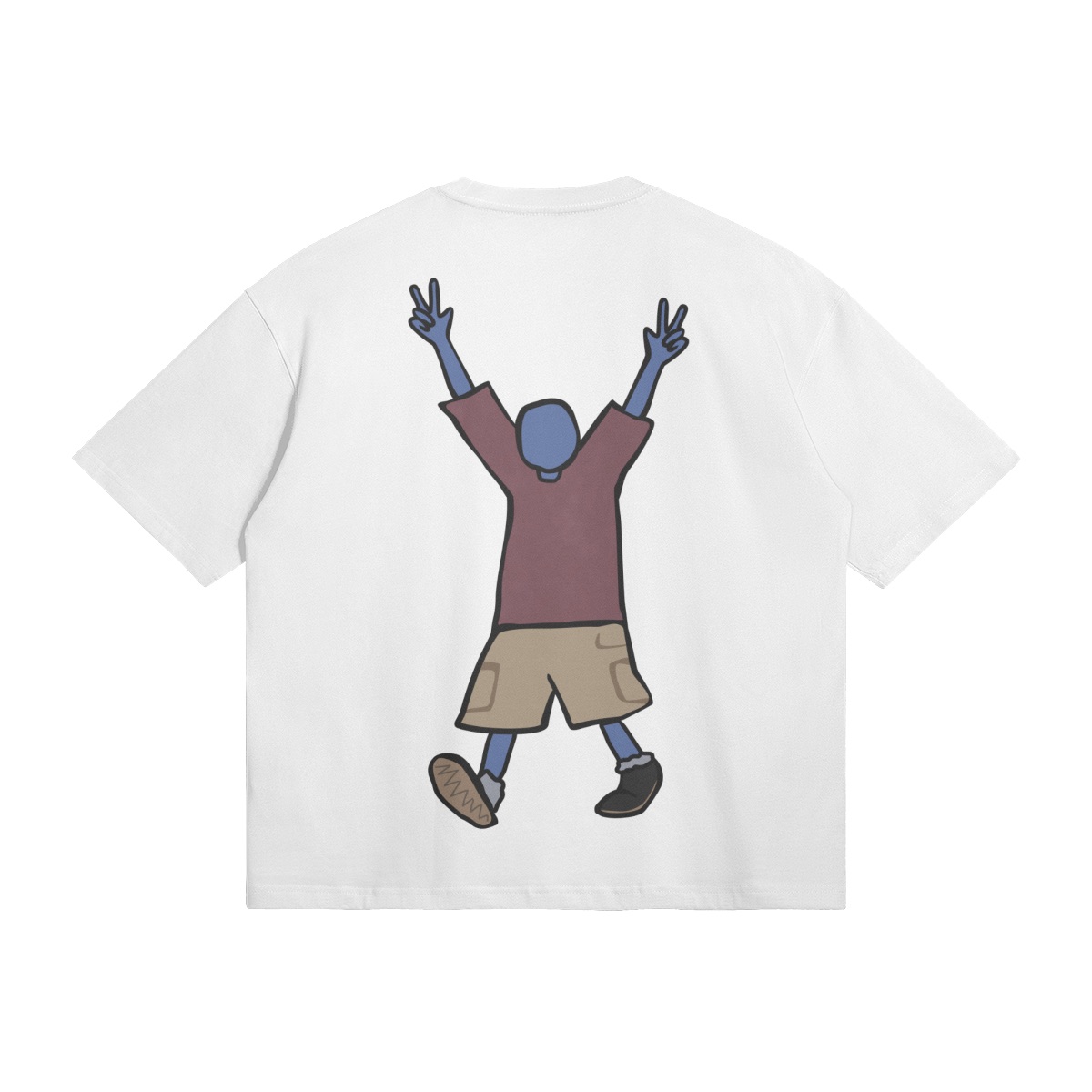 White tee with peace sign figure graphic, back view